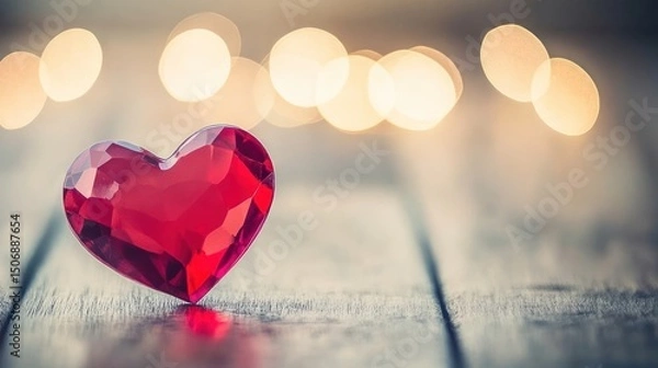 Obraz Red crystal heart on wood, bokeh lights, romantic, Valentine's Day card
