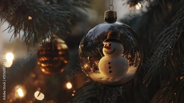 Obraz Snowman ornament hanging on Christmas tree, warm lights bokeh background, festive holiday decoration