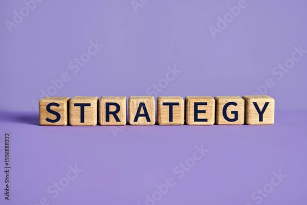 Fototapeta Wooden blocks spelling the word “STRATEGY” on purple background