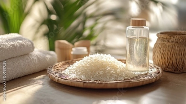 Obraz Elevated wellness scene with rice, oil, and towels in natural light setting