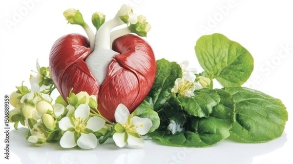 Obraz Heart model, flowers, sprouting, nature, studio, white background, health concept
