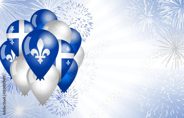 Fototapeta Quebec national holiday greeting card template with 3D balloons and copy space. Postcard blank, editable concept. Day of Quebec celebrating festive background. Backdrop design with realistic fireworks