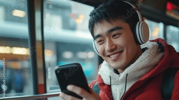 Obraz Smiling man bus headphones phone city commute