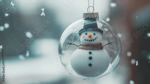 Obraz Snowman ornament hanging window, snowing outside, winter holiday card