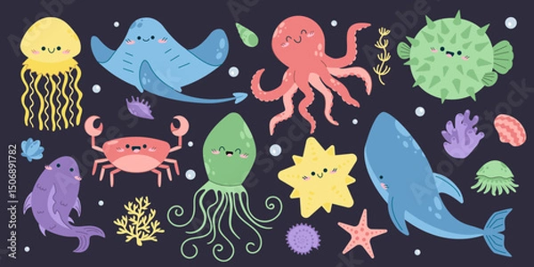 Obraz Funny marine animals vector set hand drawn sea life. whale squid octopus stingray jellyfish crab fish eel fish starfish shells seaweed cute ocean doodle isolated dark background