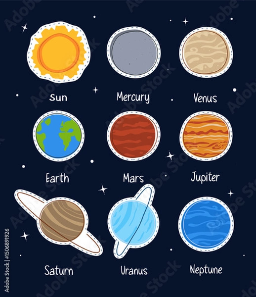 Obraz vibrant sticker pack featuring the Sun and all colorful planets of the solar system. playful space graphics for digital use for kids, educators