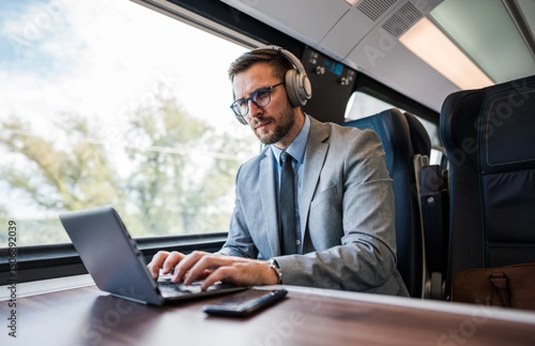 Obraz Young businessman wearing headphones and suit is making a video conference on his laptop while enjoying a cup of coffee during his train journey