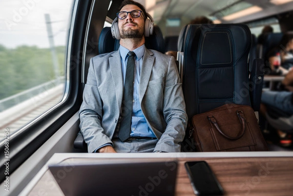 Obraz Young businessman wearing suit and tie is sitting on a train next to the window, listening to music with headphones and enjoying his comfortable trip