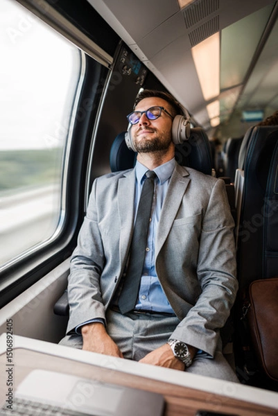 Obraz Young businessman wearing suit and tie is sitting on a train next to the window, listening to music with headphones and enjoying his comfortable trip