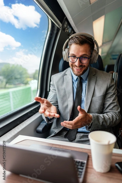 Obraz Young businessman wearing headphones and suit is making a video conference on his laptop while enjoying a cup of coffee during his train journey
