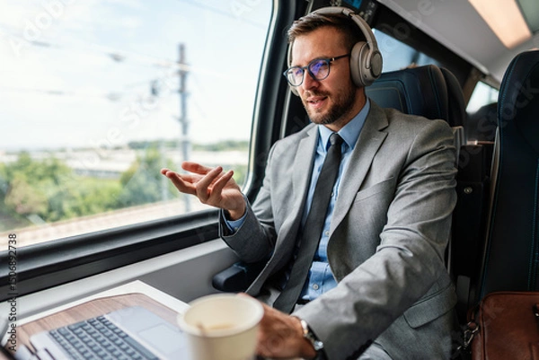 Obraz Young businessman wearing headphones and suit is making a video conference on his laptop while enjoying a cup of coffee during his train journey