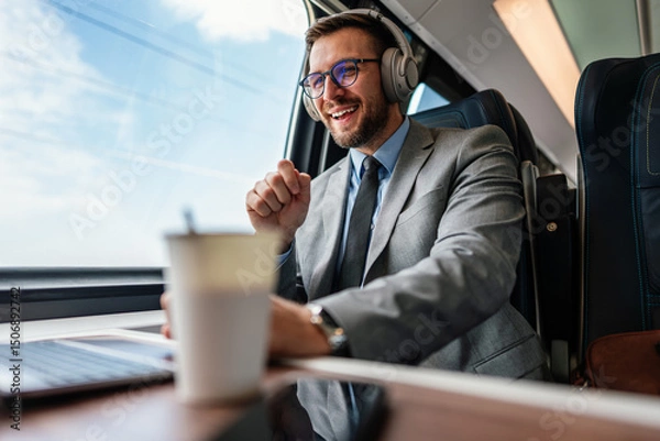 Obraz Young businessman wearing headphones and suit is making a video conference on his laptop while enjoying a cup of coffee during his train journey