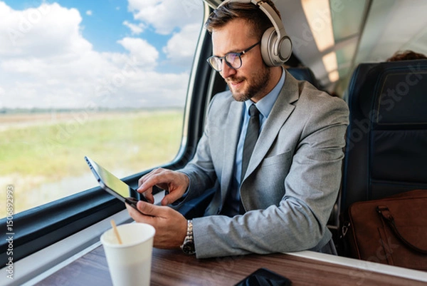 Obraz Young businessman wearing headphones and using digital tablet while traveling by train, enjoying music and staying productive during his commute