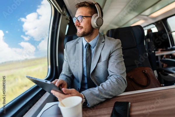 Obraz Young businessman wearing headphones and using digital tablet while traveling by train, enjoying music and staying productive during his commute