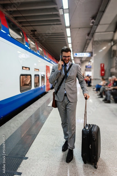 Obraz Young businessman dressed in a stylish suit, carrying a suitcase, walking through a bustling train station while smiling and talking with someone on the phone.