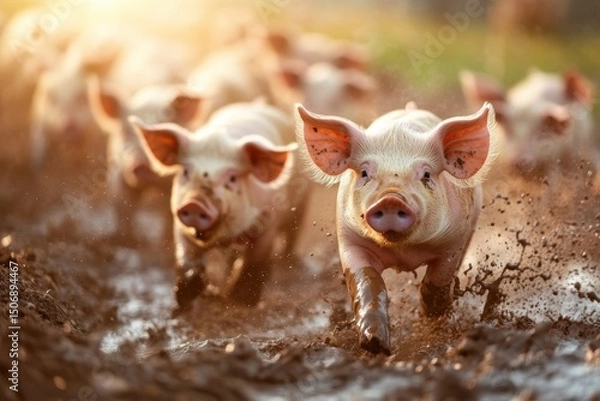 Fototapeta Piglets running through muddy field during sunny afternoon on a farm
