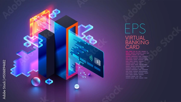 Fototapeta Virtual digital banking card in cyberspace.. An online bank issues virtual credit card for online shopping, vacations. Big credit card is flying in virtual digital world. Sea, mountains, sun, clouds.