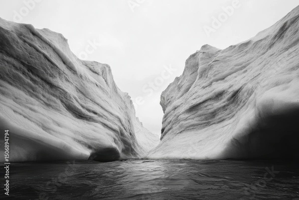 Fototapeta Breathtaking view of ice formations in a narrow channel under cloudy skies