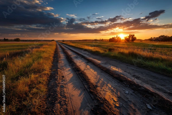 Obraz Country Road Through Green Fields at Sunset - Rural Landscape Scene