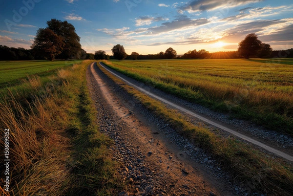 Obraz Country Road Through Green Fields at Sunset - Rural Landscape Scene