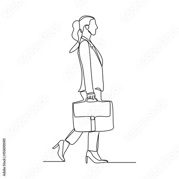 Obraz Continuous line drawing of happy young business woman holding briefcase suitcase money case. Single one line sketch editable stroke art of office worker. Vector illustration