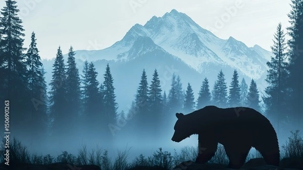 Obraz Bear with mountain overlay silhouette, forest background