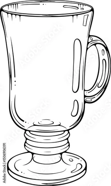 Fototapeta Footed glass cup or goblet with a handle for hot drinks. Vector illustration in hand drawn sketch style. Line art isolated on white for coloring book, print