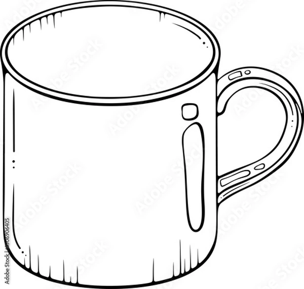 Fototapeta Empty ceramic mug with handle for hot drinks. Cup for coffee, tea, cappuccino. Vector illustration in hand drawn sketch style. Line art isolated on white for coloring book, print
