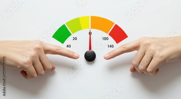 Fototapeta Two hands indicating risk assessment on a colorful performance gauge.