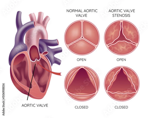 Fototapeta Medical illustration shows the difference between a normal aortic valve and one with stenosis, open and closed, and its location in the heart, with annotations