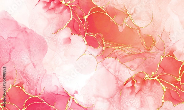 Fototapeta Pink alcohol ink mixed with glitter gold pattern elegant abstract ink flow art with translucent background.