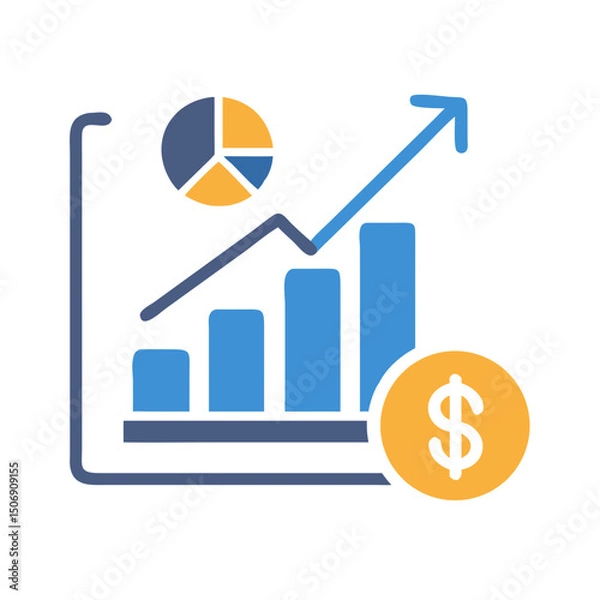 Fototapeta Bar graph with pie chart and rising arrow illustration