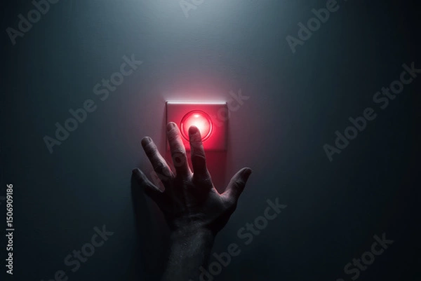 Fototapeta Hand searching in darkness the light button in a wall as an emergency button