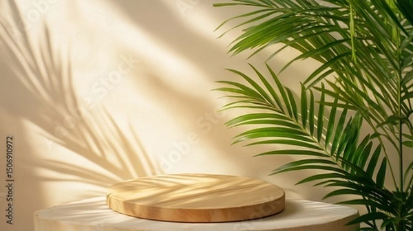 Fototapeta Empty round wooden podium on a beige table with tropical plants casting shadows for displaying cosmetics products creates a natural and inviting presentation