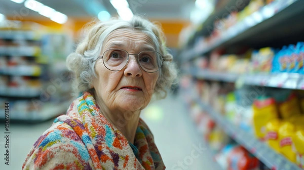Fototapeta Thoughtful senior woman walking through supermarket aisles, carefully selecting groceries from shelves while considering various options for her meals and daily nutrition