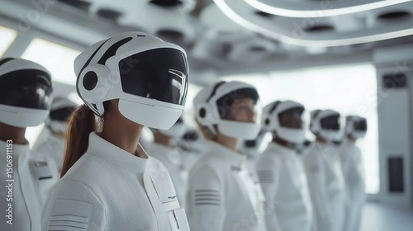 Fototapeta Diverse team of astronauts and engineers working onboard a futuristic spacecraft, utilizing advanced computer systems to monitor and control the mission in space exploration