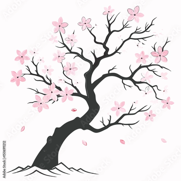 Fototapeta Elegant cherry blossom tree silhouette with falling petals for springtime or japanese themed designs