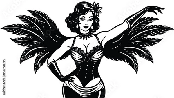 Fototapeta Elegant burlesque dancer with feather wings wearing corset and gloves posing in and white vector illustration