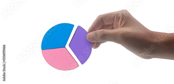 Fototapeta Hand holding colorful pie chart segment digital marketing analysis studio setting creative viewpoint