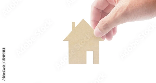 Fototapeta Hand placing paper house model on business concept minimalist environment close-up view