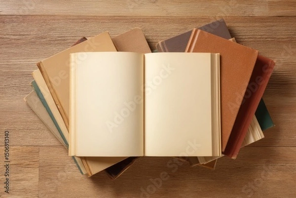 Fototapeta Open blank book rests atop a stack of vintage books on a wood surface