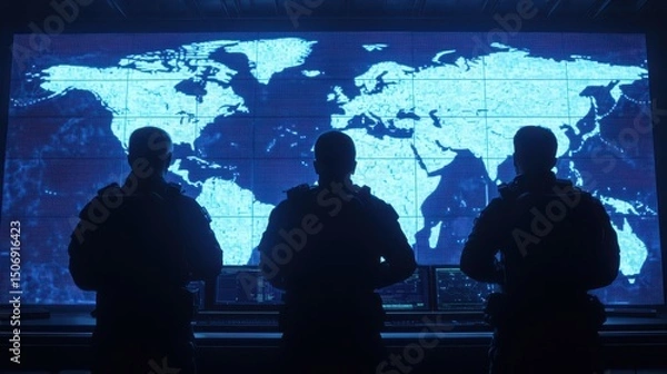 Obraz Three people in silhouette monitor a large digital world map display in a high-tech command center.