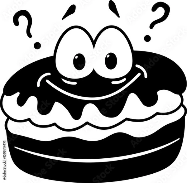 Fototapeta Happy cartoon dessert with smiling face and question marks, evoking curiosity and joy