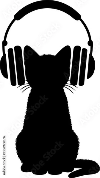 Fototapeta Relaxed Black Cat Listening to Music - Fun Vector Art