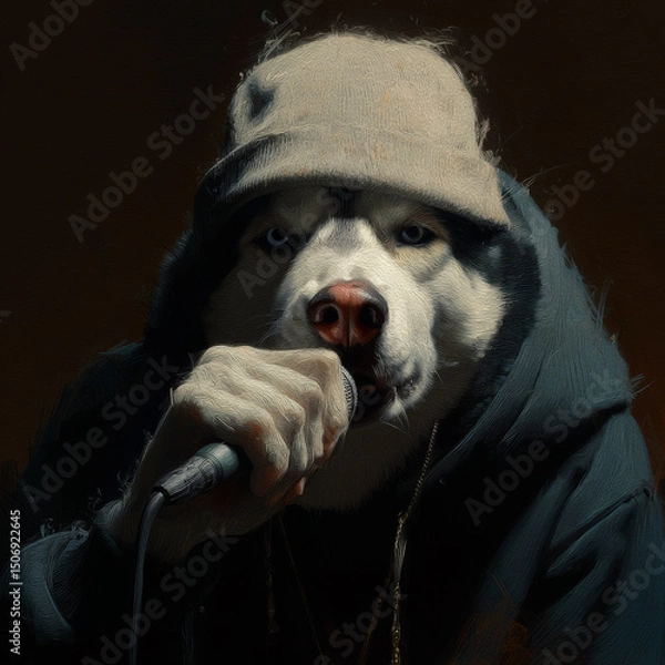 Fototapeta Divertida imagen de un perro usando sudadera con capucha cantando o ladrando frente a un micrófono, concepto de humor y entretenimiento.