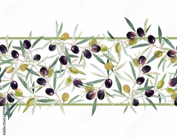 Obraz Hand-painted watercolor seamless pattern featuring horizontal olive branches with green and purple fruit. Perfect for kitchen textile, labels, packaging, wallpaper, and Mediterranean-inspired designs.