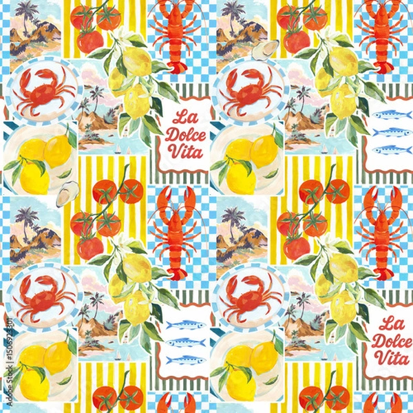 Obraz Trendy seamless summer tropical pattern featuring lemons on a branch, lobster, crab, tomatoes, and island palm trees. Set against a mix of checkered and striped backgrounds. Ideal for fashion, fabric