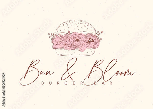 Obraz Burger bar label design with lettering bun and bloom drawing in in floral style on beige background