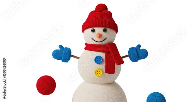Fototapeta Isolated Smiling Snowman with Red Scarf and Blue Buttons