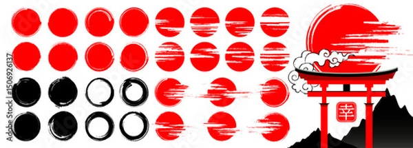 Obraz Mega set of Red Sun Symbols and Japanese Brush Circles. Grunge Calligraphy Stamps, Zen-Inspired Round Shapes, Korean or Chinese Style Elements, Set of black Abstract Asian Ink Blobs and Textures.